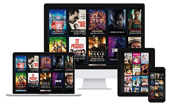 Streaming multiplataforma mostrando filme na smart TV, tablet e celular simultaneamente em HD